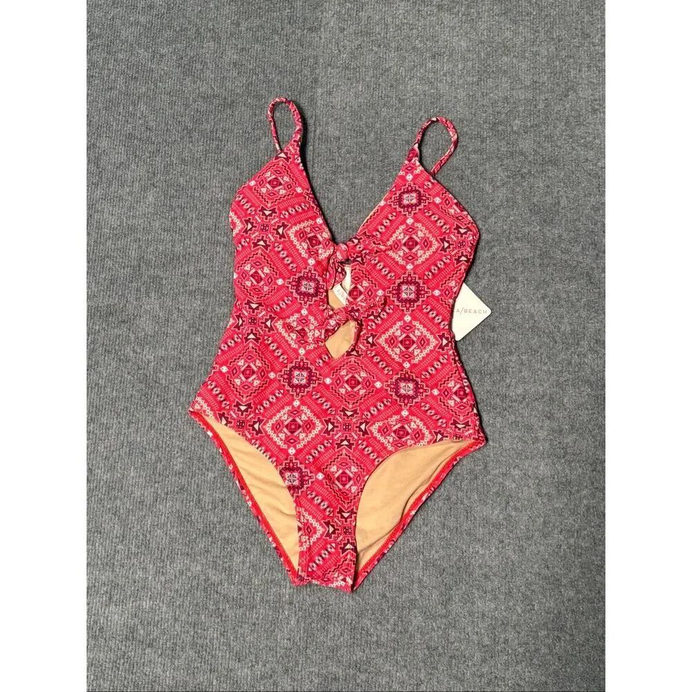 Vanilla Beach One Piece Swimsuit XS Red Boho Tribal Tie Front Cutout NWT
